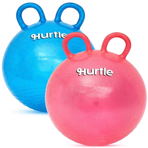Hurtle 18" Glitter Hopper Ball Set for Kids – 2 Bouncy Balls with Handles, Air Pump & Cones, Indoor/Outdoor Active Play & Balance Training (Blue & Red)