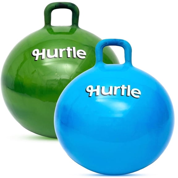 Hurtle 20" Hopper Balls for Kids – Set of 2 Marble Bouncy Balls with Handles, Air Pump & Cones, Indoor/Outdoor Balance Training Toy for Ages 3-12 (Green & Blue)