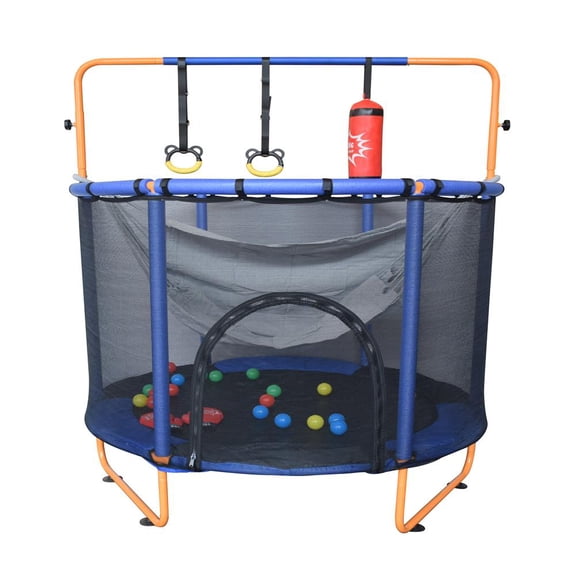 Hurtle 55" Kids Trampoline with Safety Enclosure Indoor/Outdoor Toddler Trampoline with Adjustable Gymnastics Bar, Swing, Boxing Bag & Rings, 440 lbs Capacity