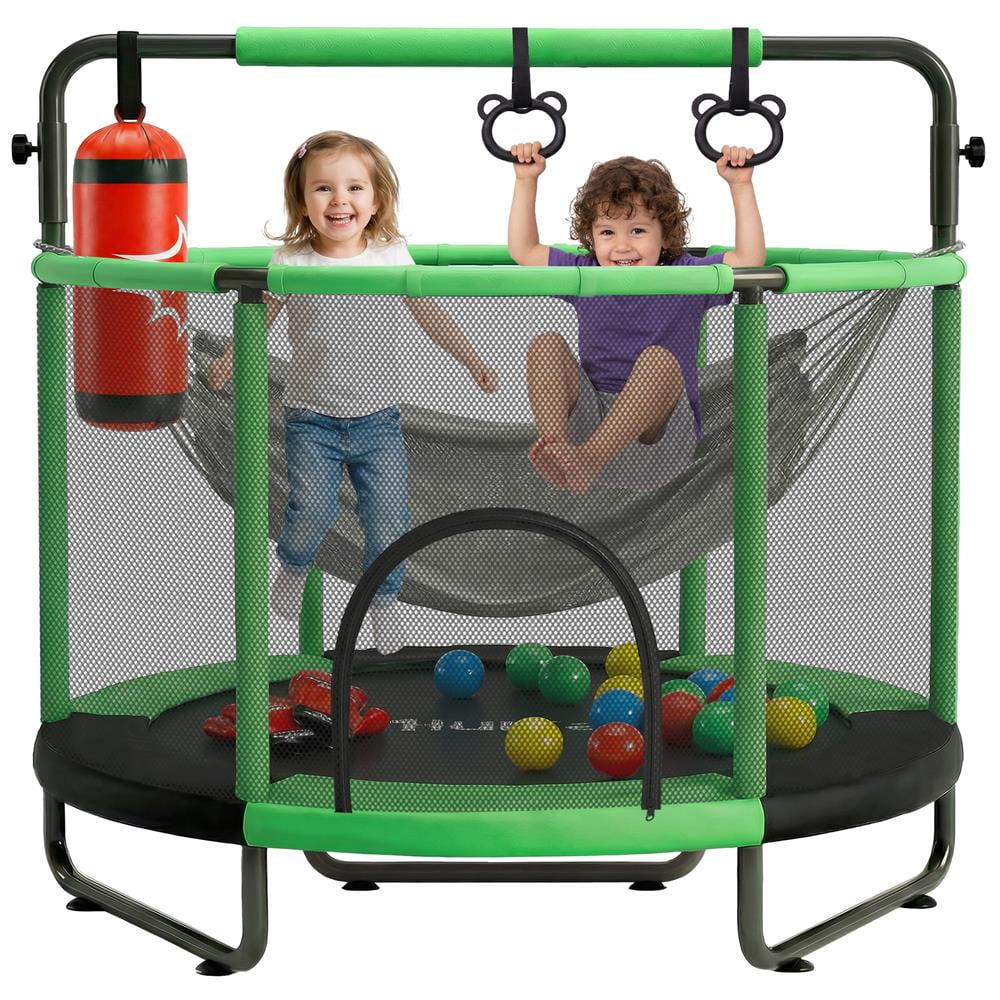 Hurtle 55" Kids Trampoline with Safety Enclosure – Indoor/Outdoor Toddler Trampoline with Adjustable Gymnastics Bar, Swing, Boxing Bag & Rings, 440 lbs Capacity