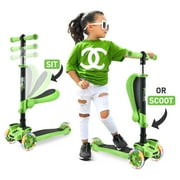 Hurtle Fitness HURFS69G - ScootKid 3-Wheel Kids Scooter - Child & Toddler Toy Scooter with Built-in LED Wheel Lights, Fold-Out Comfort Seat Ages 1+ Green