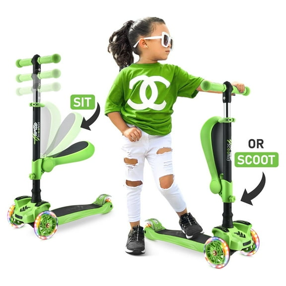 Hurtle Fitness HURFS69G - ScootKid 3-Wheel Kids Scooter - Child & Toddler Toy Scooter with Built-in LED Wheel Lights, Fold-Out Comfort Seat (Ages 1+) Green