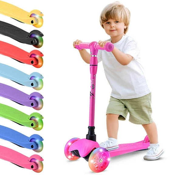 Hurtle Mini Kickboard Scooter for Kids Height Adjustable 25-28 Inches, 3-Wheel Toddler Micro Scooter with LED Light-up Wheels, Lightweight Riding Toy, Non-Slip, Indoor/Outdoor Fun, Ages 2-5 (Pink)