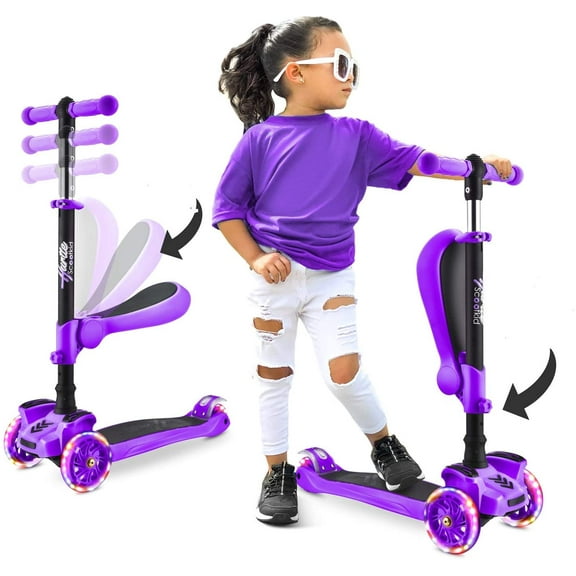 Hurtle 3-Wheeled Scooter for Kids - Wheel LED Lights, Adjustable Lean-to-Steer Handlebar, and Foldable Seat - Sit or Stand Ride with Brake for Boys and Girls Ages 1-14 Years Old (HURFS42P) Purple