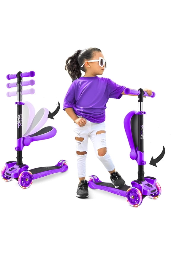 3-Wheeled Scooter for Kids - Wheel LED Lights, Adjustable Lean-to-Steer Handlebar, and Foldable Seat - Sit or Stand Ride with Brake for Boys and Girls Ages 1-14 Years Old (HURFS42P) Purple