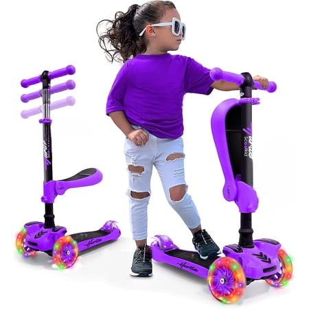 Hurtle 3-Wheeled Scooter for Kids - Wheel LED Lights, Adjustable Lean-to-Steer Handlebar, and Foldable Seat - Sit or Stand Ride with Brake for Boys and Girls Ages 1-14 Years Old (HURFS42P) Purple