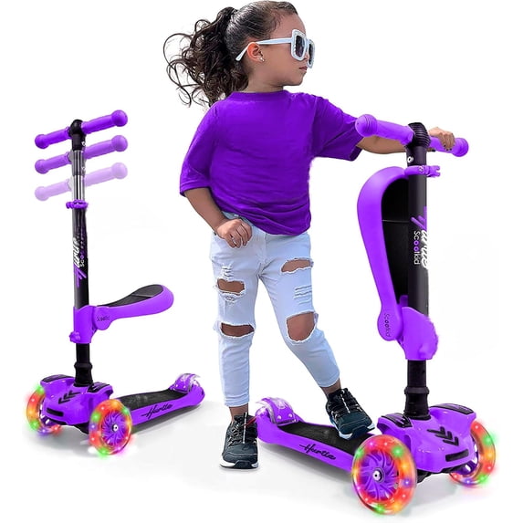 Hurtle 3-Wheeled Scooter for Kids - Wheel LED Lights, Adjustable Lean-to-Steer Handlebar, and Foldable Seat - Sit or Stand Ride with Brake for Boys and Girls Ages 1-14 Years Old (HURFS42P) Purple