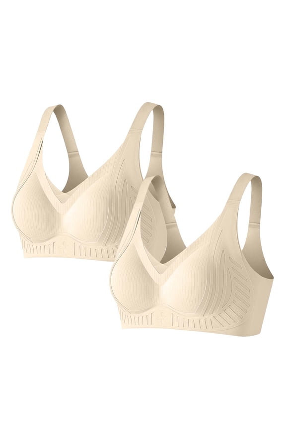 2 PC Women's Seamless Wireless Push Up Bras with Support and Lift No Underwire Full Coverage Sport Everyday Bra Beige ,M