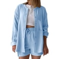 thumbnail image 1 of Hurxie 2 Piece Linen Set for Women Oversized Wrinkle Long Sleeve Button Down Shirts and Drawstring Shorts Beach Outfit Sets Light Blue,3XL, 1 of 5