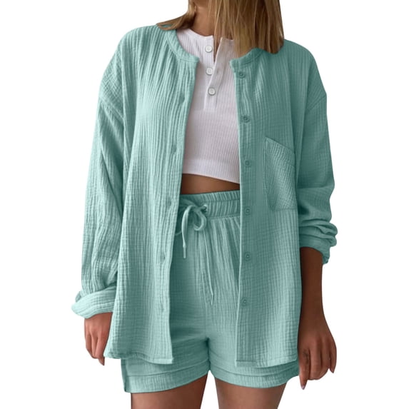 Hurxie 2 Piece Linen Set for Women Oversized Wrinkle Long Sleeve Button Down Shirts and Drawstring Shorts Beach Outfit Sets Mint Green,3XL