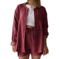 thumbnail image 1 of Hurxie 2 Piece Linen Set for Women Oversized Wrinkle Long Sleeve Button Down Shirts and Drawstring Shorts Beach Outfit Sets Wine,S, 1 of 5