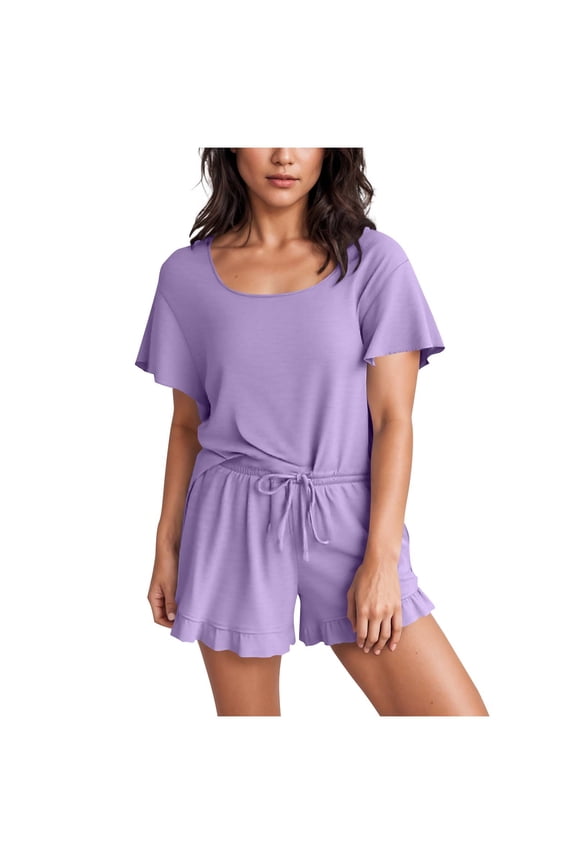 2 Piece Lounge Sets for Women 2 Piece Lounge Matching Short Sleeve Tops Shorts Pants with Pocket Clothing Purple,S