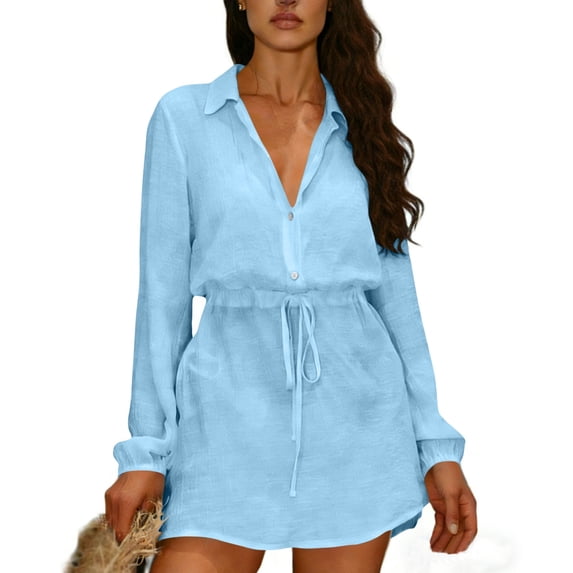Hurxie 2 Piece Outfits for Women Summer Botton Down Long Sleeve Shirt and Shorts Set Pajamas Sets Tracksuit with Pockets Light Blue,M