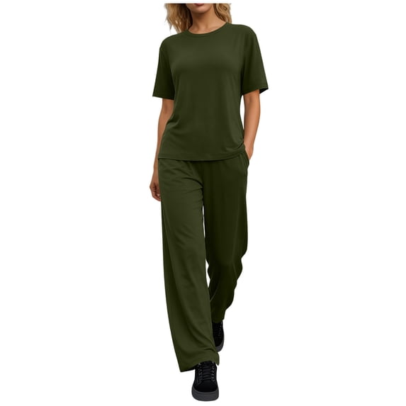 Hurxie 2 Piece Sets for Women Casual Summer Travel Vacation Outfits Cap Sleeve Lounge Set Army Green,2XL