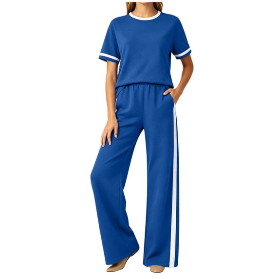 Hurxie 2 Piece Sets for Women Matching Sets Summer Outfits Resort Wear Short Sleeve Lounge Set Wide Leg Pants with Pockets Blue,M