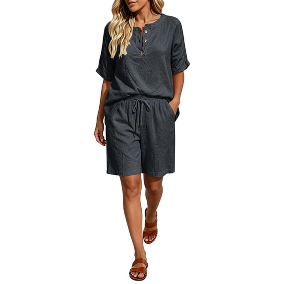 Hurxie 2 Piece Sets for Women Summer Lounge Short Set Spring Matching Biker Shorts V Neck Oversized Shirt Clothing Dark Gray,L