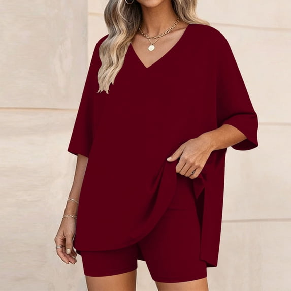 Hurxie 2 Piece Sets for Women Summer Lounge Short Set Spring Matching Biker Shorts V Neck Oversized Shirt Clothing Wine,M