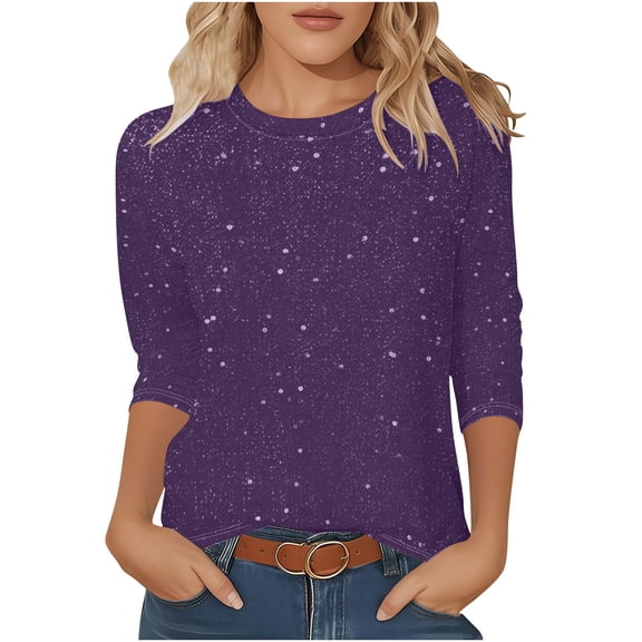 Hurxie 3/4 Sleeve Tops for Women Basic Crew Neck Fall Blouses Casual Fit T Shirts Purple M