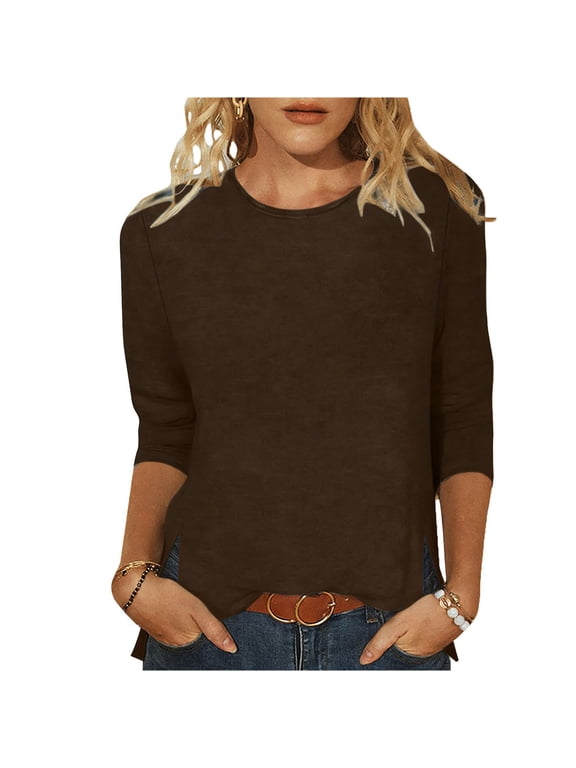 3/4 Sleeve Tops for Women Round Neck Dressy Basics Tees Casual Trendy Loose Fit T Shirt Brown XL