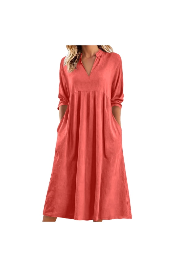 3/4 Sleeve Women's Dress Casual Flowy A-Line Midi Tshirt Dresses with Pockets Crewneck Vocation Boho Beach Sundress Watermelon Red,XL