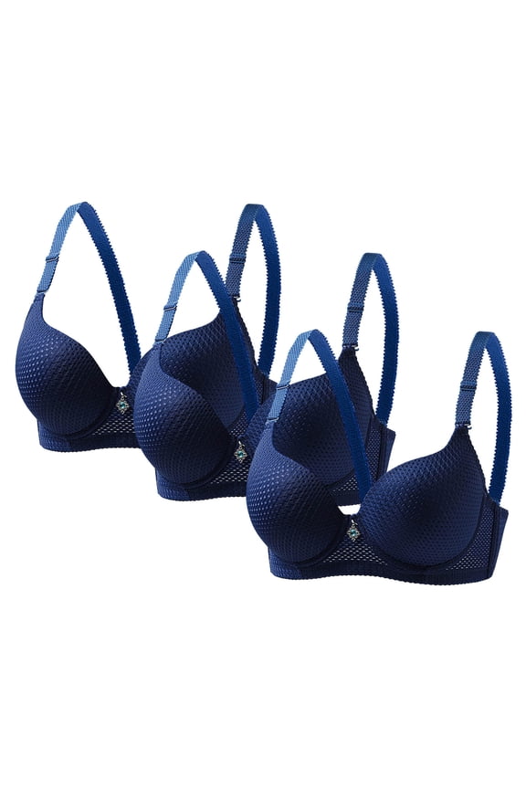 3 PC Bras for Women Plus Size, Full Coverage T Shirt Unlined Bra with Underwire for Heavy Breast Dark Blue ,M