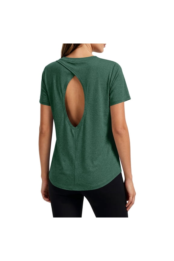 Backless Workout Athletic Shirts Short Sleeve Split Back Yoga Exercise Tops for Women Green,S