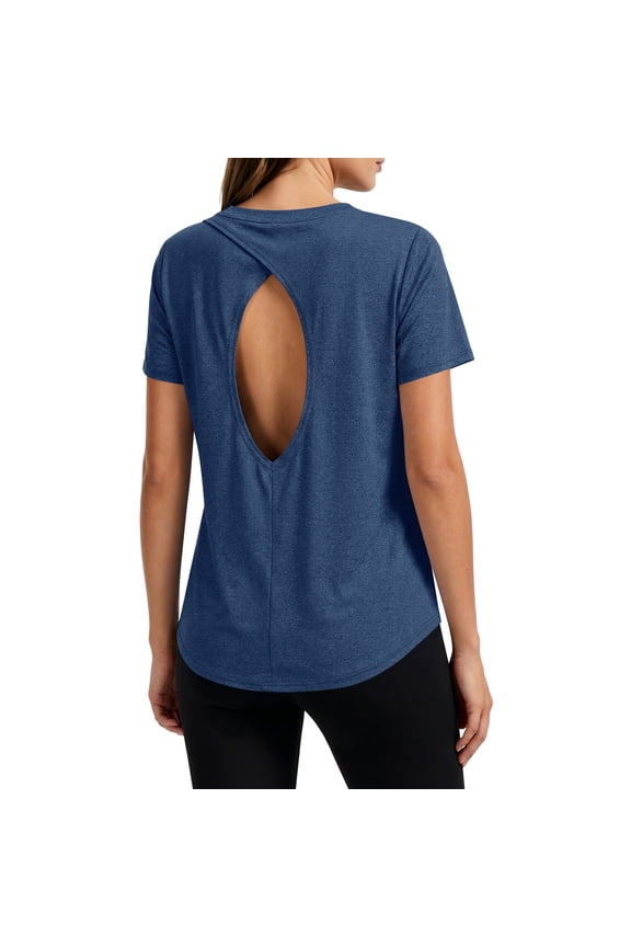 Backless Workout Athletic Shirts Short Sleeve Split Back Yoga Exercise Tops for Women Navy,XL