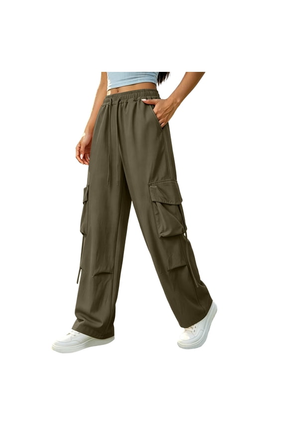Baggy Parachute Pants for Womens Wide Leg Cargo Pants Y2k with Pockets Boyfriend Harajuku Streetwear Goth Army Green,L
