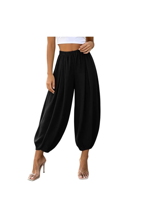 Baggy Wide Leg Pants Womens Cotton Barrel Pants Mid Waisted Balloon Pants with Pockets Black,S