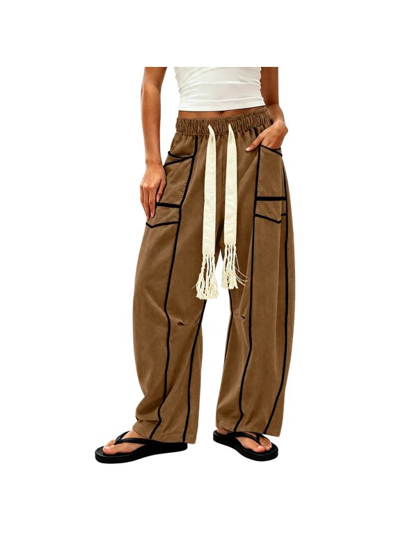 Barrel Sweatpants Women High Waisted Wide Leg Lounge Pants Drawstring Waist Contrast Patchwork Pant