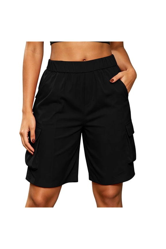 Bermuda Cargo Shorts for Women Baggy Knee Length Denim Shorts High Waist 6 Pockets Summer Casual Black,S