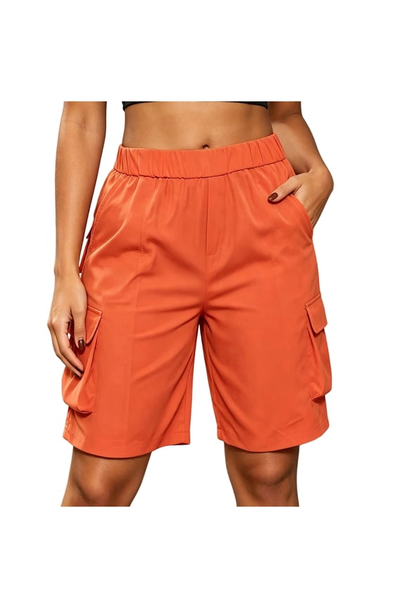 Bermuda Cargo Shorts for Women Baggy Knee Length Denim Shorts High Waist 6 Pockets Summer Casual Orange,L