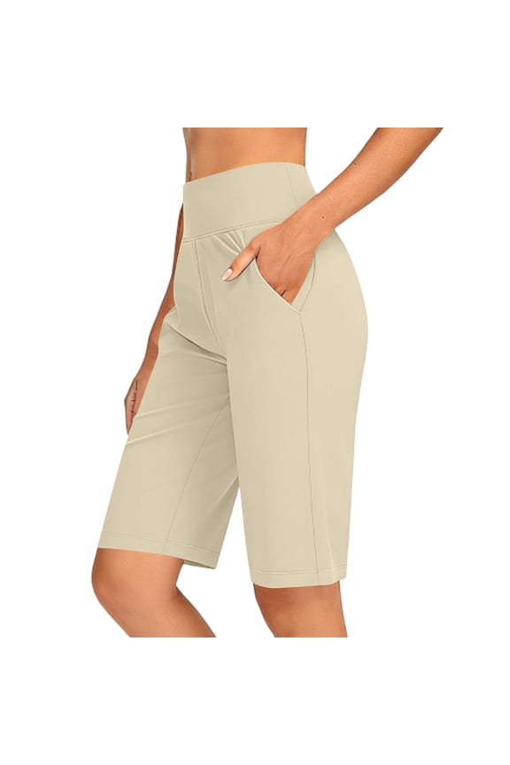 Bermuda Pants for Women High Waist with Pockets Women's Capris Workout Yoga Pants Loose Straight Leg Beige,M