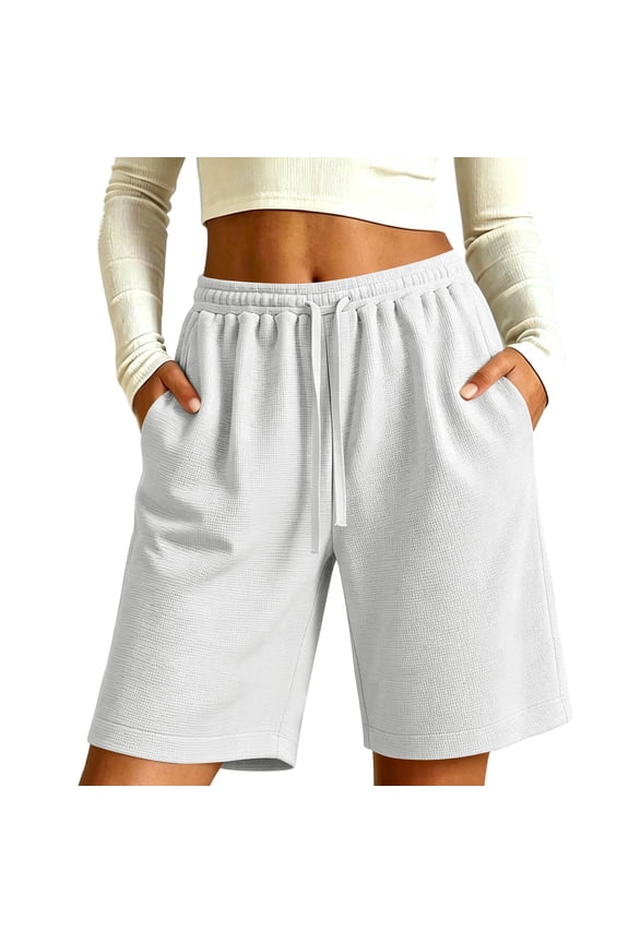 Bermuda Shorts for Women High Waisted Knee Length Shorts with 3 Pockets Drawstring Casual Athletic SweatShorts White,M