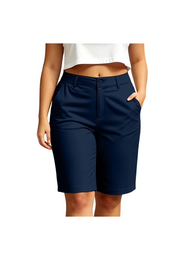Bermuda Shorts for Women Knee Length High Waisted Cotton Elastic Waist Summer Dressy Casual Long Chino Shorts Navy,2XL