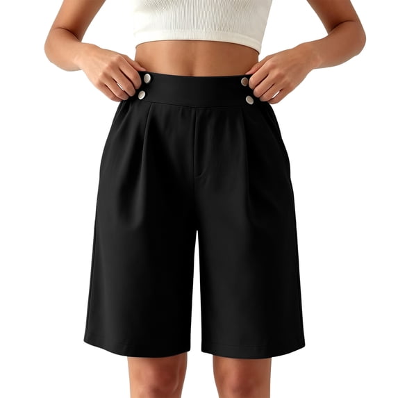 Hurxie Bermuda Shorts for Women Summer Dressy Casual Elastic High Waisted Wide Leg Knee Length Shorts with Pockets Black,S