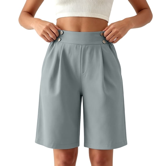 Hurxie Bermuda Shorts for Women Summer Dressy Casual Elastic High Waisted Wide Leg Knee Length Shorts with Pockets Gray,XL