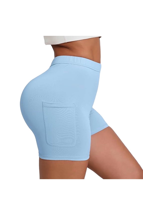 Biker Shorts Women with Pockets High Waisted Workout Tummy Control Gym Running Yoga Shorts Light Blue,L