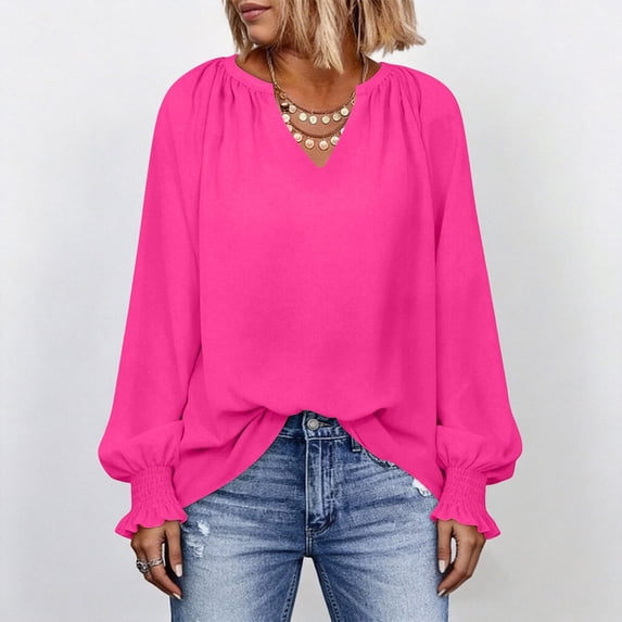 Hurxie Blouses for Women Dressy Casual Flowy Boho Tops V Neck Long Sleeve Shirts Spring Outfits Hot Pink,S
