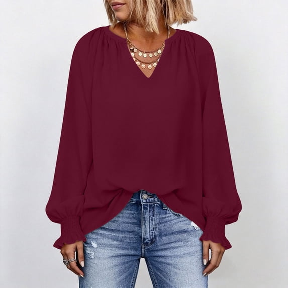 Hurxie Blouses for Women Dressy Casual Flowy Boho Tops V Neck Long Sleeve Shirts Spring Outfits Wine,2XL