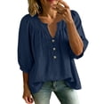 thumbnail image 1 of Hurxie Boho Tops for Women Summer Casual Fitted Puff 3/4 Sleeve Peasant Blouses Fashion Pleated Front V Neck Shirts Navy,XL, 1 of 7