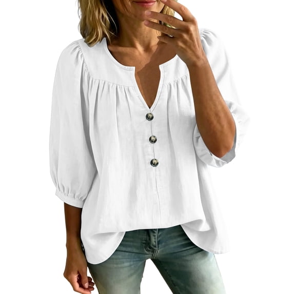 Hurxie Boho Tops for Women Summer Casual Fitted Puff 3/4 Sleeve Peasant Blouses Fashion Pleated Front V Neck Shirts White,S