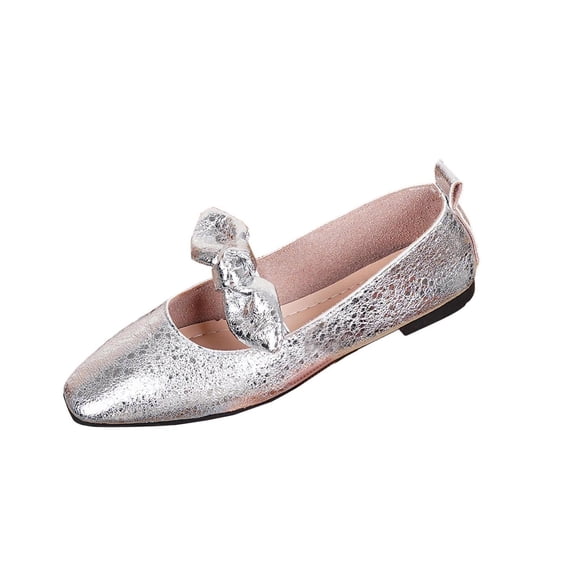 Hurxie Bow Knot Ballet Flats Shoes for Women Bowtie Strap Ballerina Shoes Slip-on Square Toe Mary Jane Flats Silver