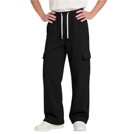 Hurxie Boys Cargo Sweatpants Straight Leg Open Bottom Pants Kids Loose Athletic Pants with Pockets Black,140