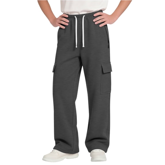 Hurxie Boys Cargo Sweatpants Straight Leg Open Bottom Pants Kids Loose Athletic Pants with Pockets Dark Gray,140