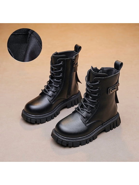 Boys Girls Ankle Boots Lace Up Side Zipper Waterproof Combat Shoes Toddler/Little Kid/Big Kid Black 27