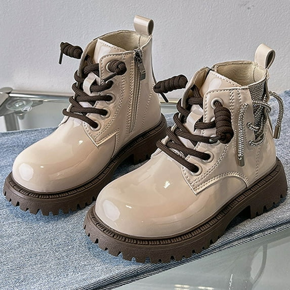 Hurxie Boys Girls Waterproof Lace Up Glitter Mid Calf Combat Boots With Side Zipper for Toddler/Little Kid/Big Kid Beige 34