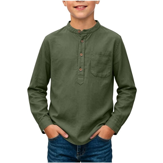 Hurxie Boys Linen Henley Shirt Long Sleeve Button Down Summer T-Shirt with Pocket Lightweight for Kids 11-12Years