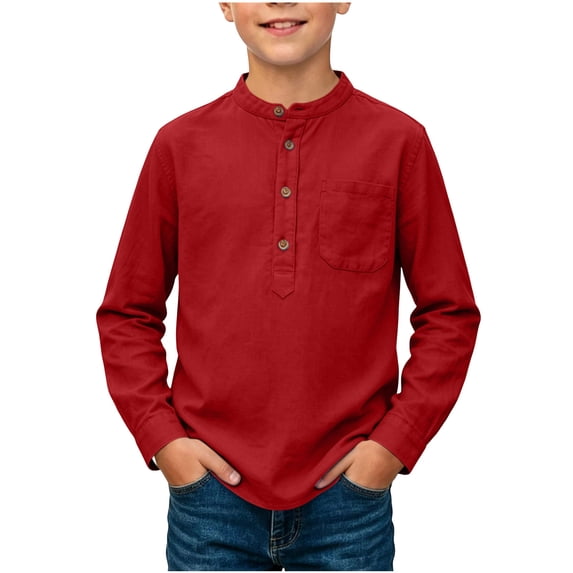 Hurxie Boys Linen Henley Shirt Long Sleeve Button Down Summer T-Shirt with Pocket Lightweight for Kids 9-10Years