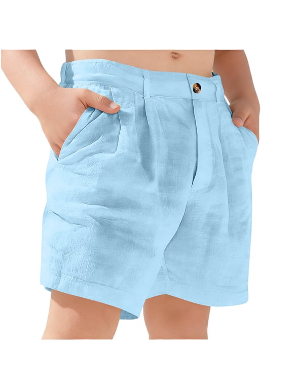 Boys Linen Shorts with Elastic Waist Breathable Summer Beach Shorts for Kids Blue,11-12 Years